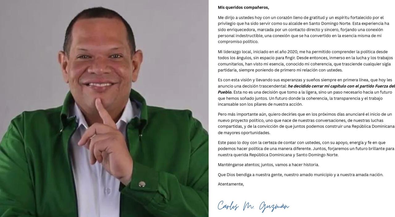 Alcalde Carlos Guzmán renuncia de la Fuerza del Pueblo