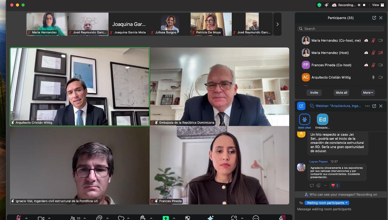 Embajada de RD en Chile realiza segundo webinar sobre arquitectura, ingeniería y resiliencia junto a expertos chilenos